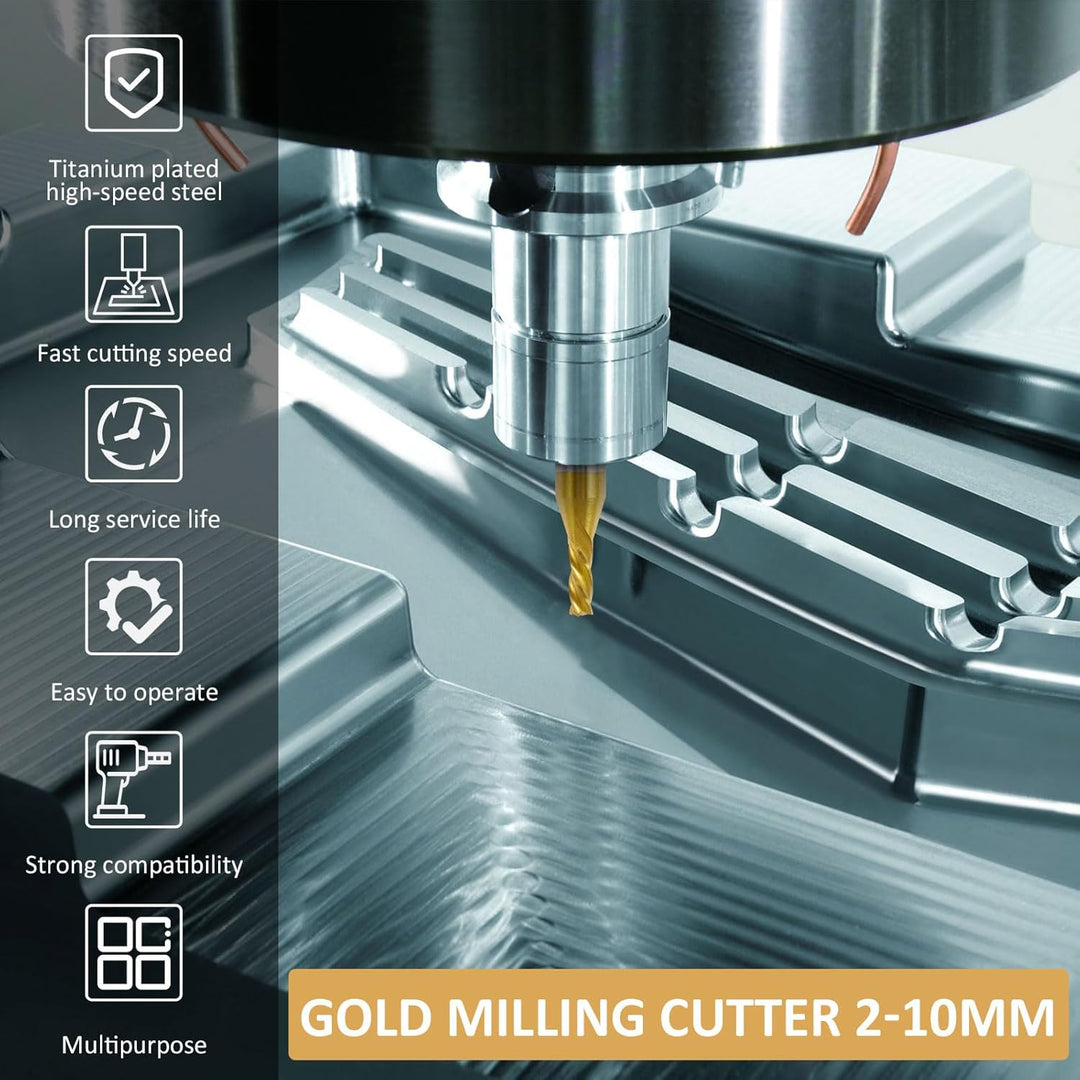 10 Stück HSS Schaftfräser Set 2–10 mm 4 Schneiden | Titanbeschichtete CNC Fräser mit 6/8/10 mm Schaf