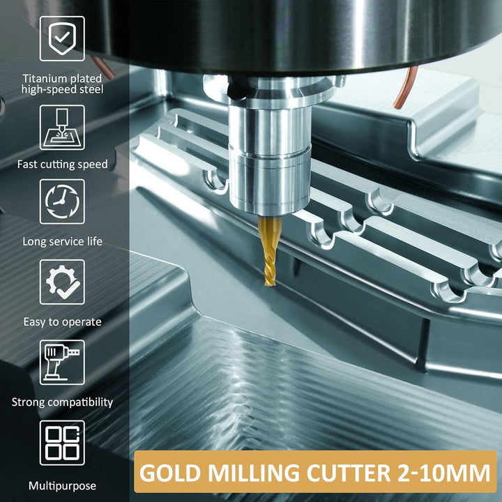 10 Stück HSS Schaftfräser Set 2–10 mm 4 Schneiden | Titanbeschichtete CNC Fräser mit 6/8/10 mm Schaf