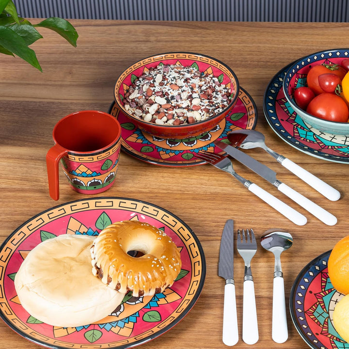 Melamin Geschirr Set Toskana Pastel für 4 Personen - BUNT - Mandala-Optik Spülmaschinengeeignet Essg