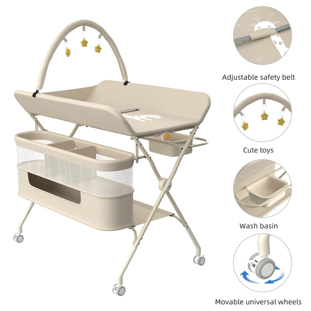 Klappbare Wickelkommode, Baby Wickelkombi, mobiler Wickeltisch mit Wickelauflage und Ablagefächern,