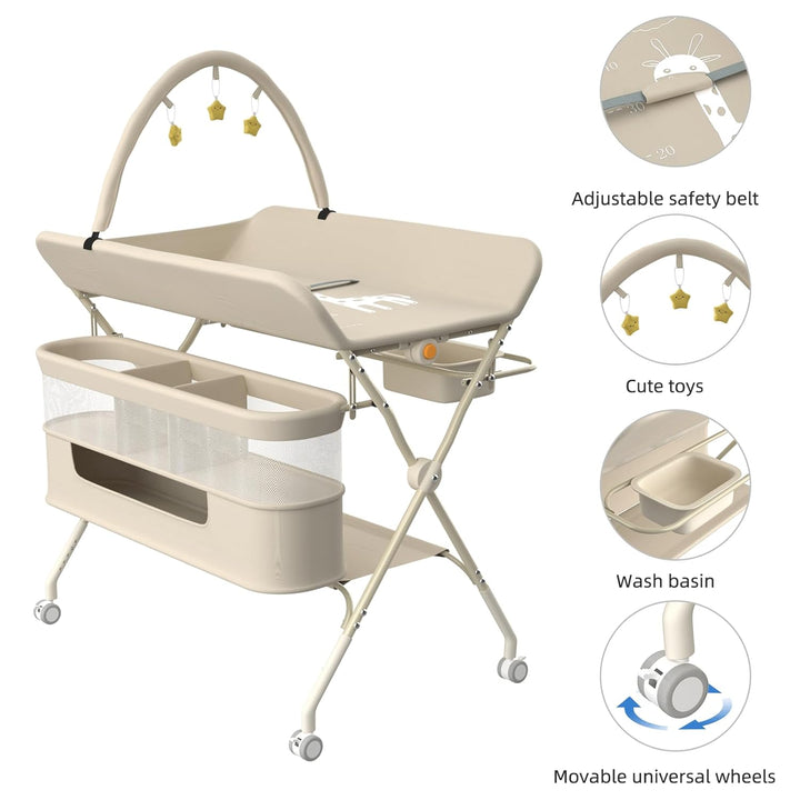 Klappbare Wickelkommode, Baby Wickelkombi, mobiler Wickeltisch mit Wickelauflage und Ablagefächern,