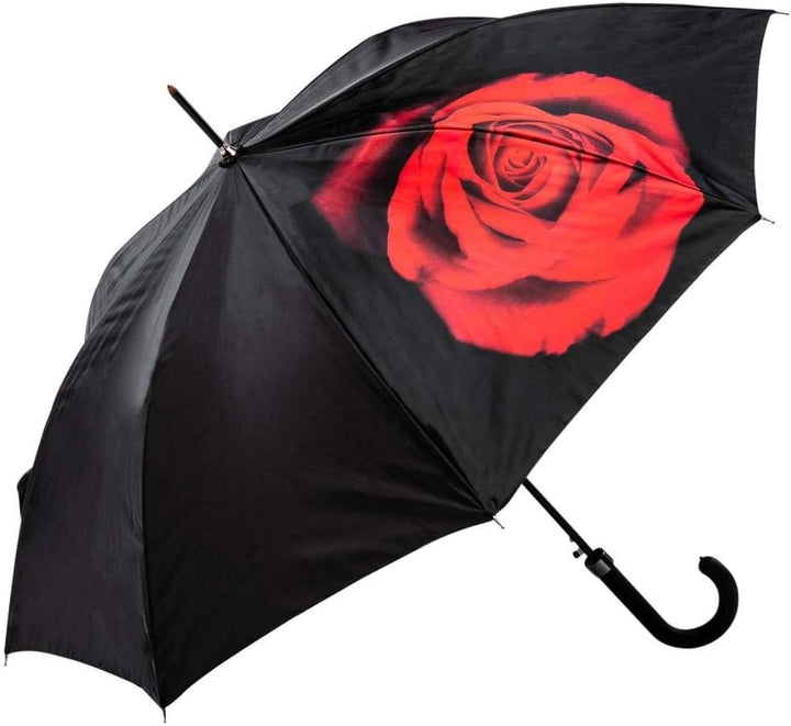 LUCKYWEATHER Regenschirm Stockschirm Damen Motiv Red Rose on Black Auf-Automatik I Stockregenschirm