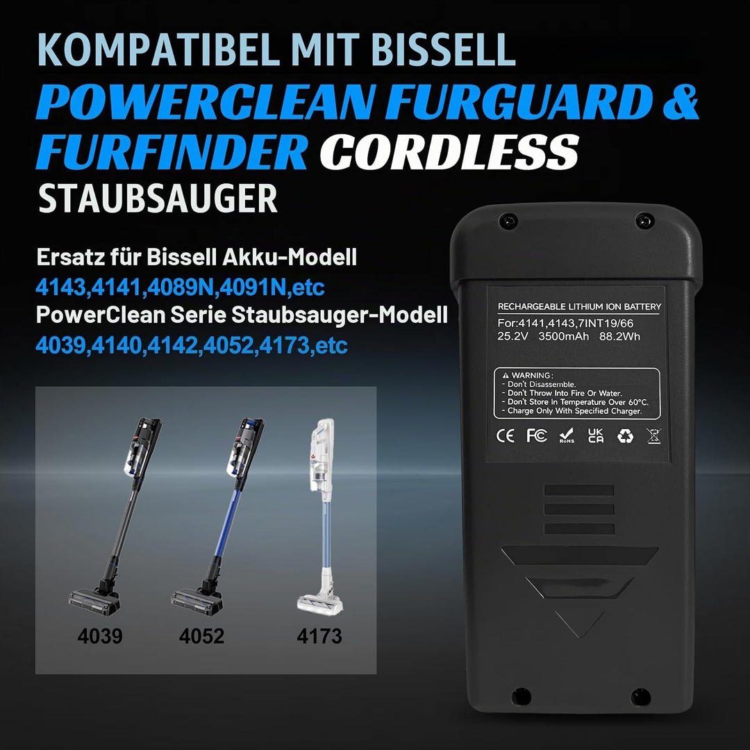 Akku für Bissell PowerClean Staubsauger, Kompatibel mit PowerClean FurGuard 4091N, FurFinder 4089N,e
