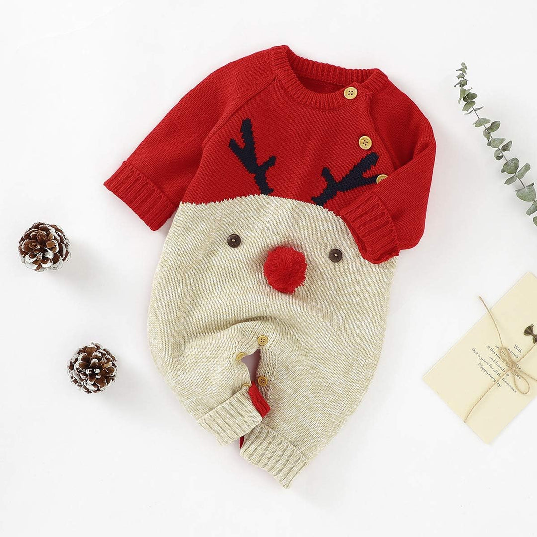 Neugeborenes Baby Mädchen Jungen Weihnachten Outfit Langarm Strick Strampler Overall Rentier Print B