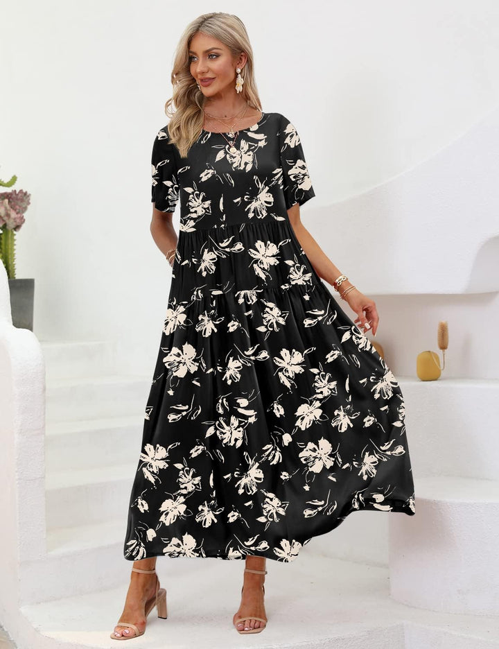 YESNO Damen Kleider Freizeit Lose Sommerkleid Lang Boho Maxikleid für Rundhals Strandkleid Blumenkle