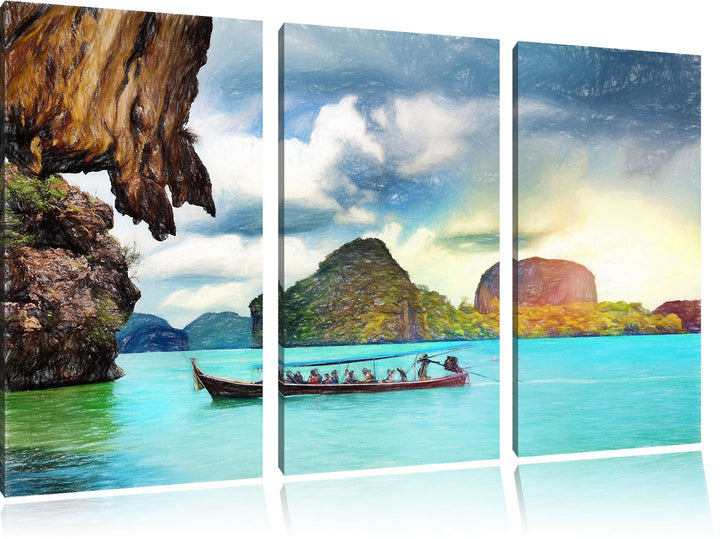 Pixxprint Thailand Phuket Playa Paradisiaca Kunst Buntstift Effekt 3-Teiler Leinwandbild 120x80 Bild
