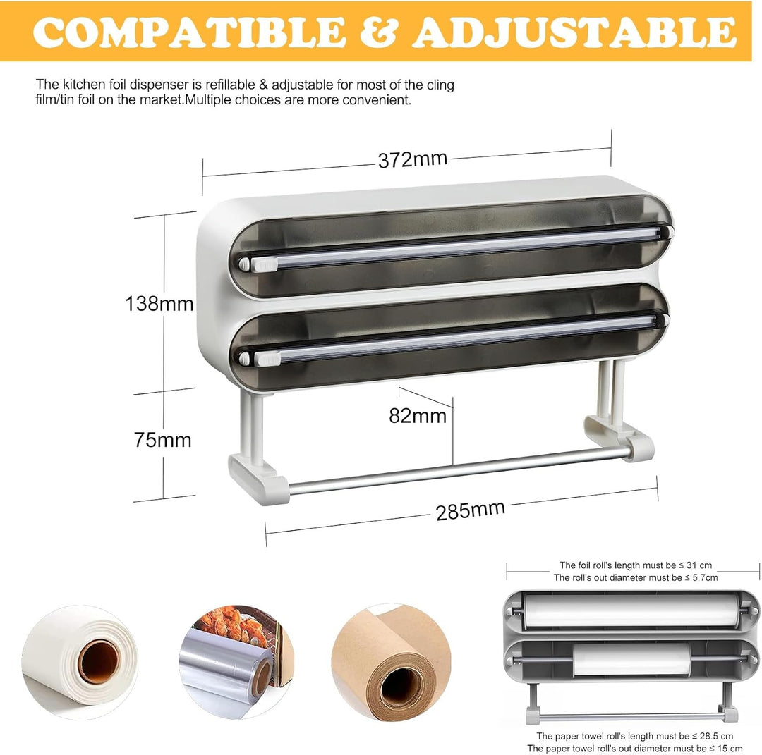 3-in-1 Frischhaltefolienspender mit Küchenrollenhalter - Platzsparender Wandrollenhalter, magnetisch