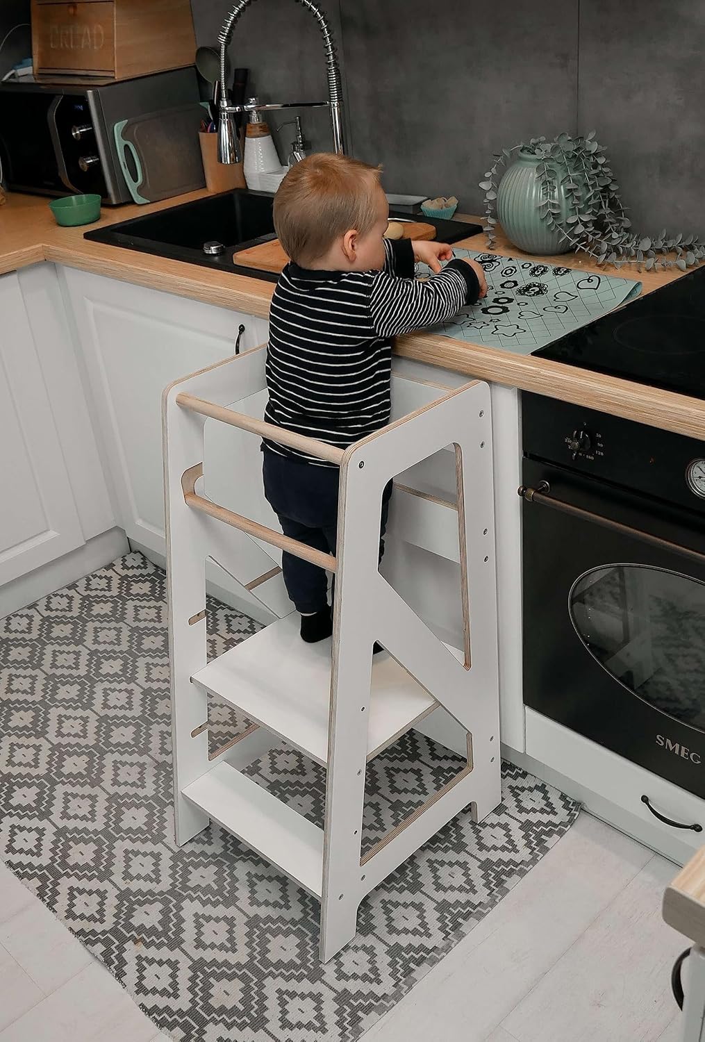 Montessori Lernturm für Kinder | Lernstuhl ab 1 Jahr | Learning Tower | Tritthocker mit 2 Stufen & v