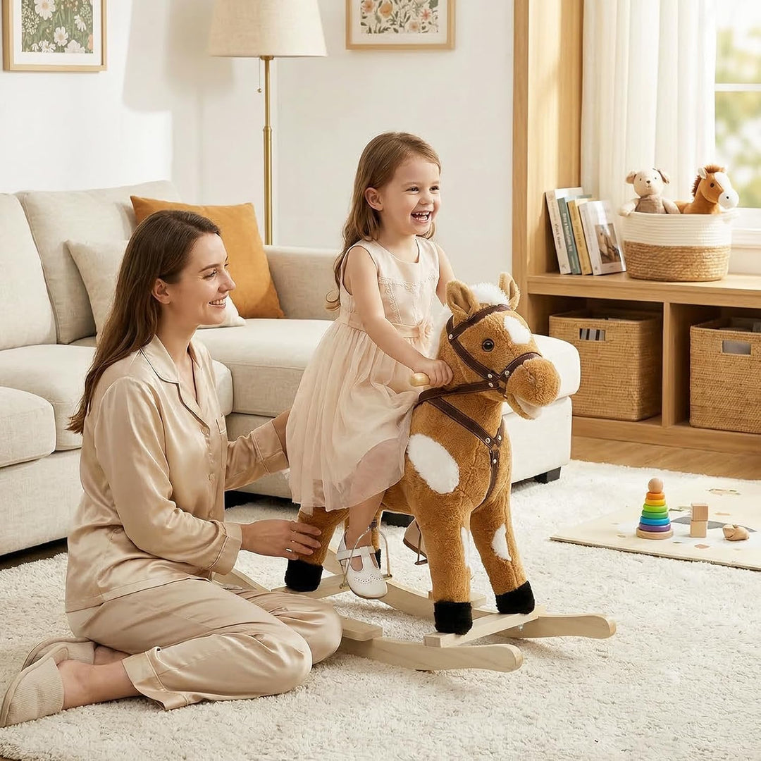 WOLTU Schaukelpferd für Babys, Spielzeug mit Tiergeräuschen und Haltegriffen, aus Plüsch und PP-Baum