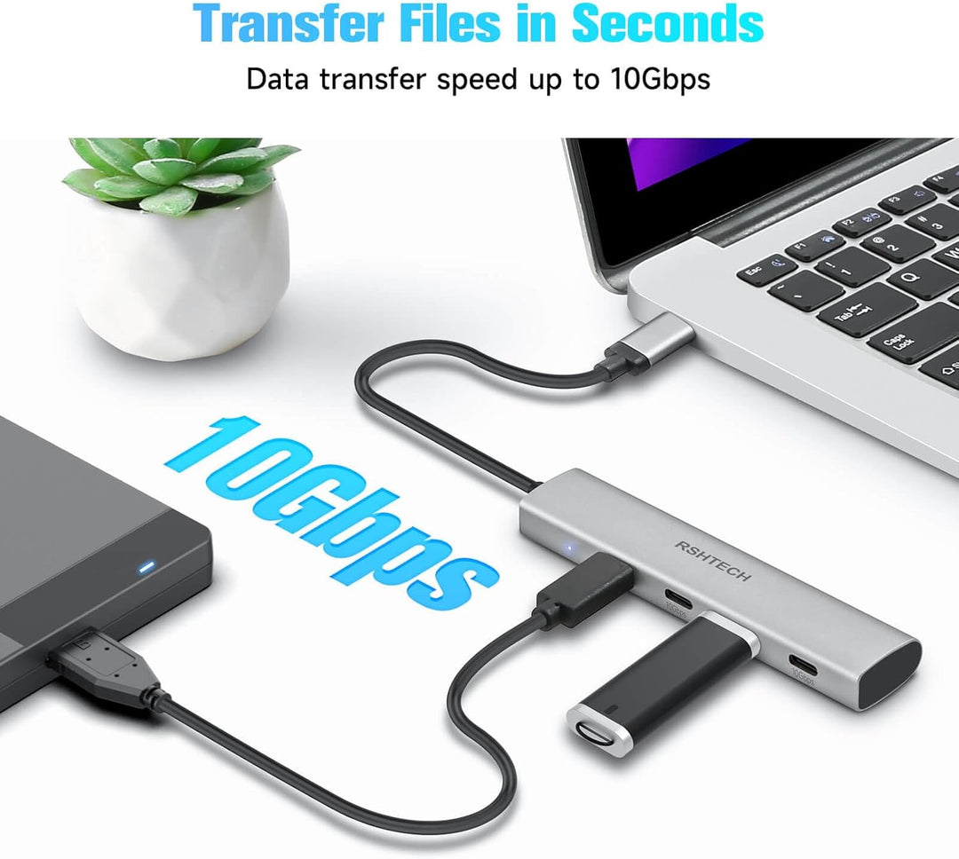 USB C Hub 10Gbps, RSHTECH 4-Port USB C 3.2 Hub Aluminium USB 3.1 Gen2 Ultra Slim Datenhub Portable M