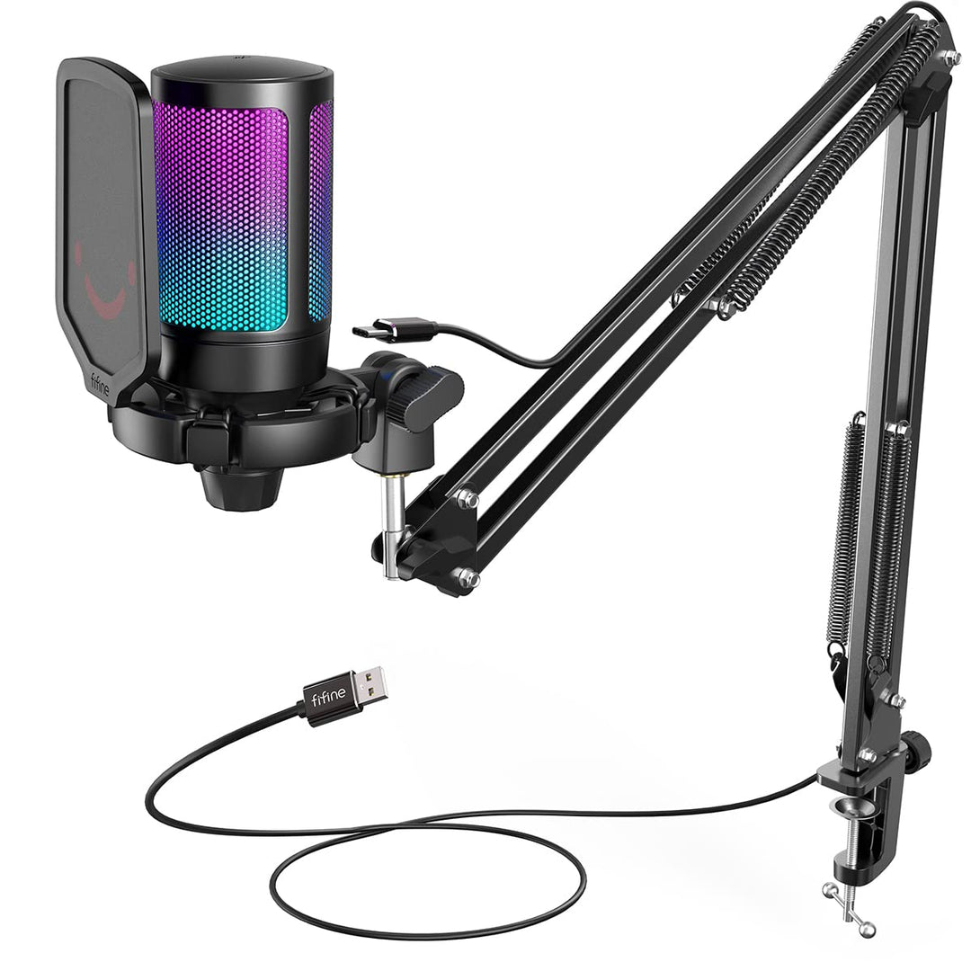 FIFINE Gaming Mikrofon PC mit Arm, USB Microphone Kit mit Stummschalttaste für Podcast Streaming Stu