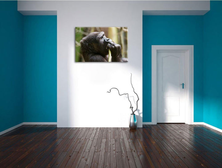 Pixxprint Gorilla isst auf Leinwand, XXL riesige Bilder fertig gerahmt mit Keilrahmen, Kunstdruck au