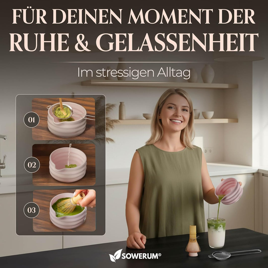 Matcha Set Rosa 5-teilig Schale mit Ausgiesser und [EXTRA ROBUSTEM] Matchabesen Spülmaschinenfest Ma