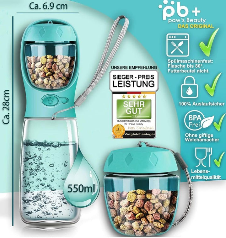 NEU 3er GESCHENKESET | Innovative 550ml Hundetrinkflasche für unterwegs | inkl. Futterbehälter & Zah