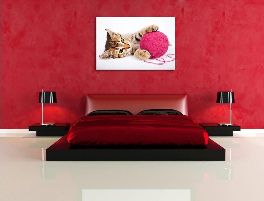 Kätzchen mit Wollknäul Format: 100x70 auf Leinwand, XXL riesige Bilder fertig gerahmt mit Keilrahmen