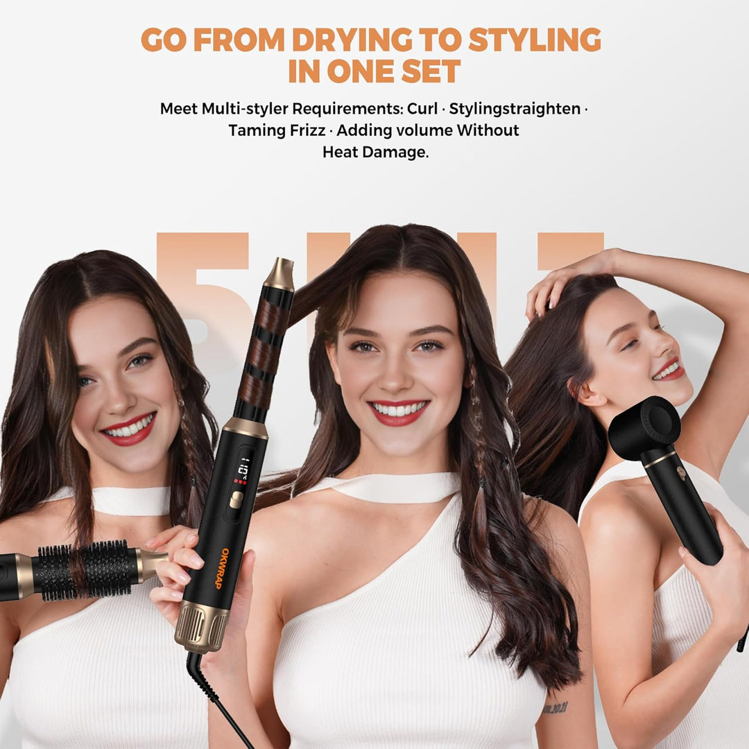 OKWRAP Hair Styler Set Hairstyler 5 in 1, LCD Haarstyler Airbrush Mit Rundbürstenföhn Haarstyler War