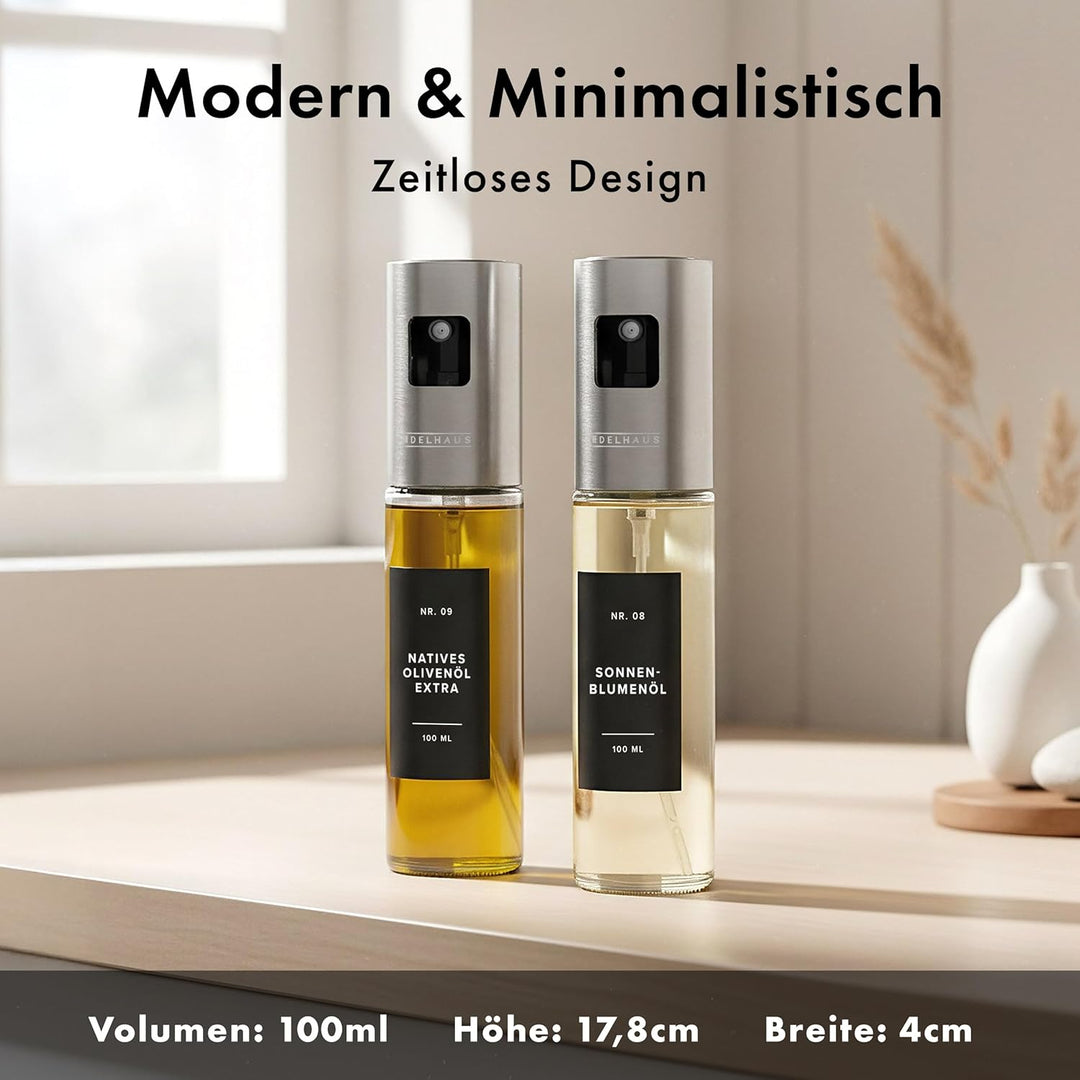 Ölsprüher 2er Set - Hochwertige Öl-Sprühflasche aus Edelstahl & Glas, für gesundes Kochen I Sprüher