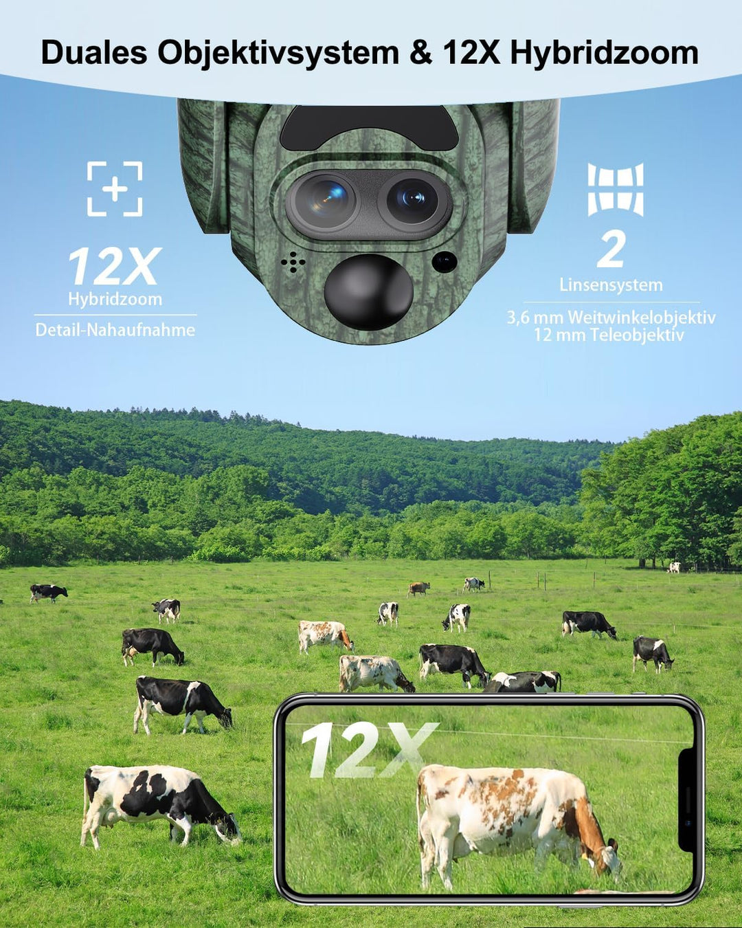 4G LTE Wildkamera mit SIM Karte, 2K Solar Wildtierkamera mit Handyübertragung APP Farbnachtsicht 12X