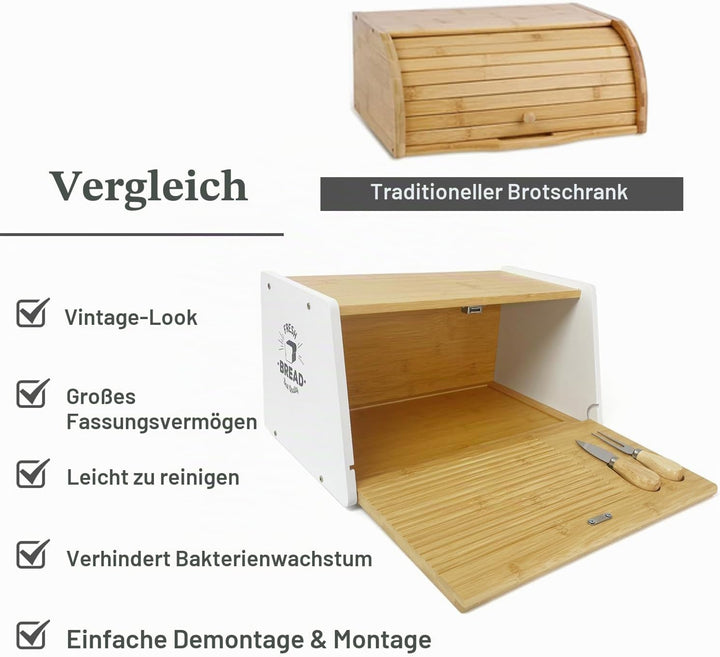 MinBoo Bambus-Brotbox für Küchenarbeitsplatte, mit Schneidebrett und Messer, Brotbehälter, Brotbehäl