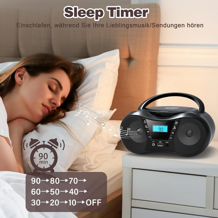 Greadio Tragbarer CD Player Bluetooth 5.1, Boombox Radio mit CD-Player, USB, AUX-In, Netz- und Batte