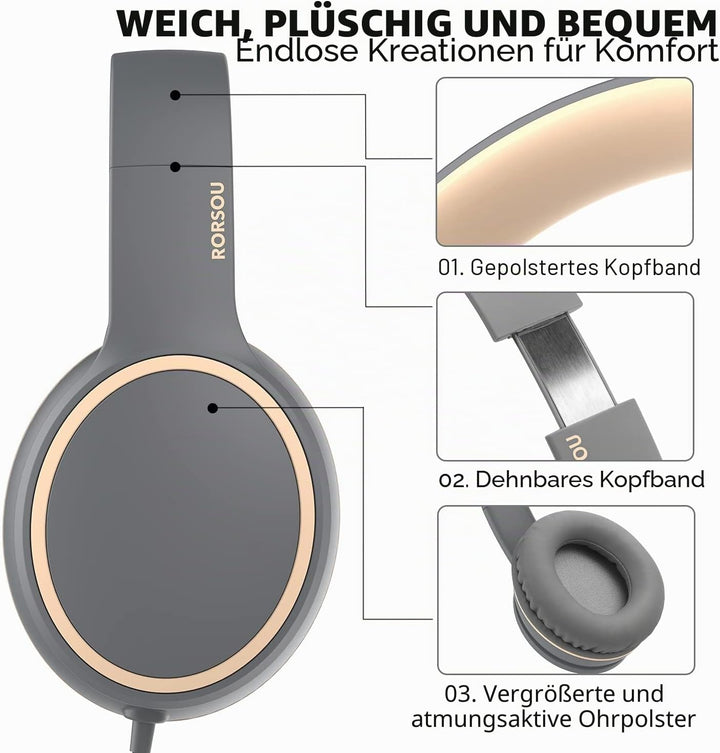 RORSOU R10 Over-Ear-Kopfhörer mit Mikrofon, leichte Faltbare Stereo-Bass-Headset mit 1,5 m verschlin