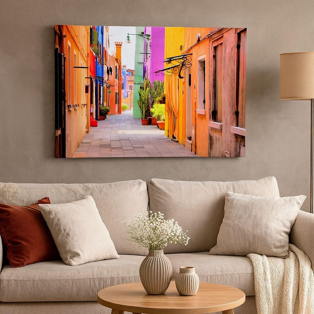 Bilder auf Leinwand Sommer Strasse Haus Leinwandbild mit Rahmen 70x50cm Wandbilder Dekoration Wohnzi