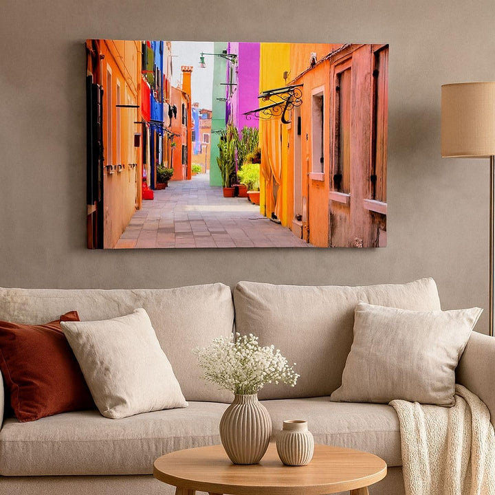 Bilder auf Leinwand Sommer Strasse Haus Leinwandbild mit Rahmen 70x50cm Wandbilder Dekoration Wohnzi