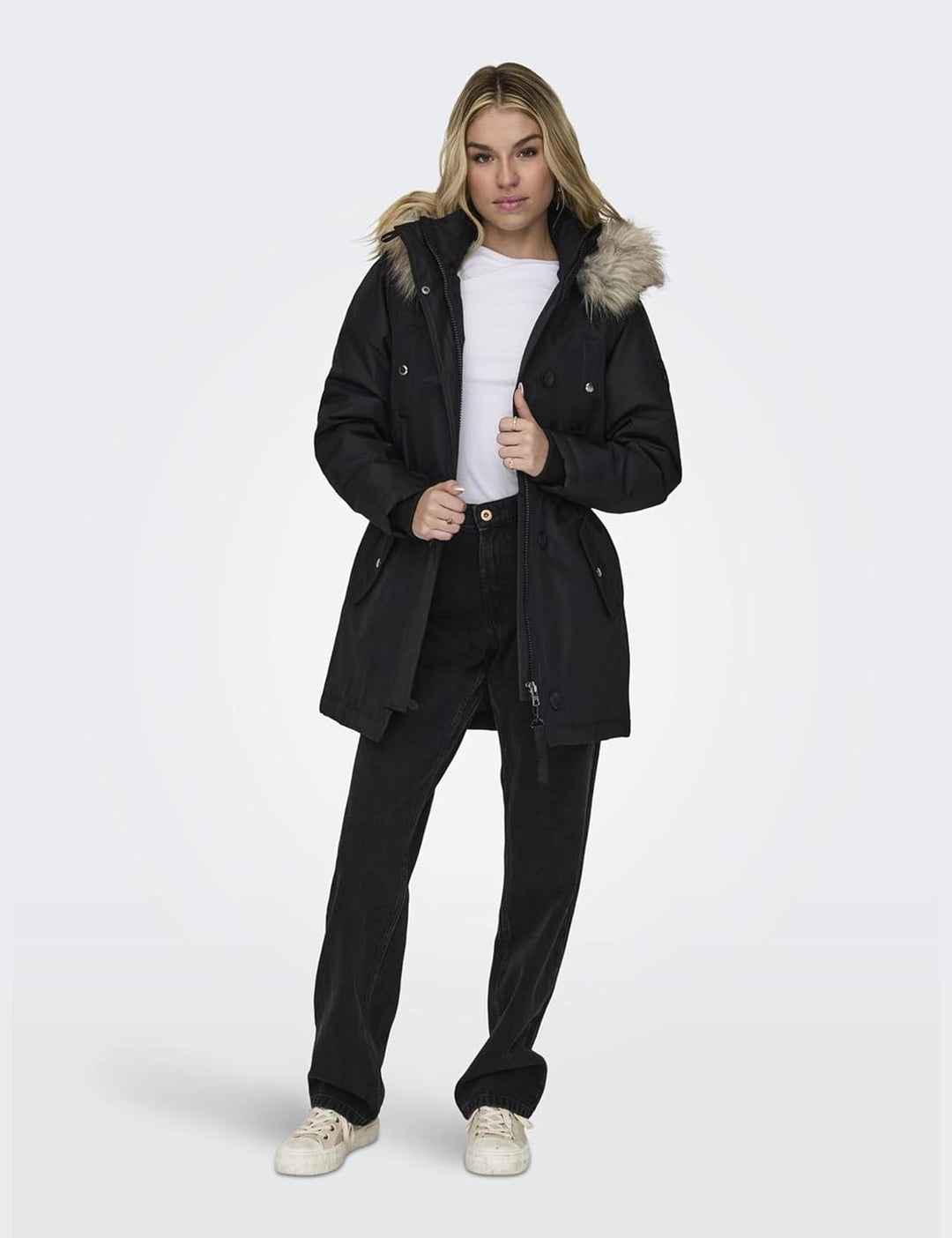ONLY Damen Kurzparka XS Black / Natur Fur, XS Black / Natur Fur