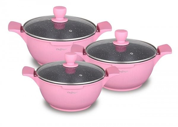 Kochtopf Kasserolle Topf Set 6-tlg mit Glasdeckel pink CF-LC 01
