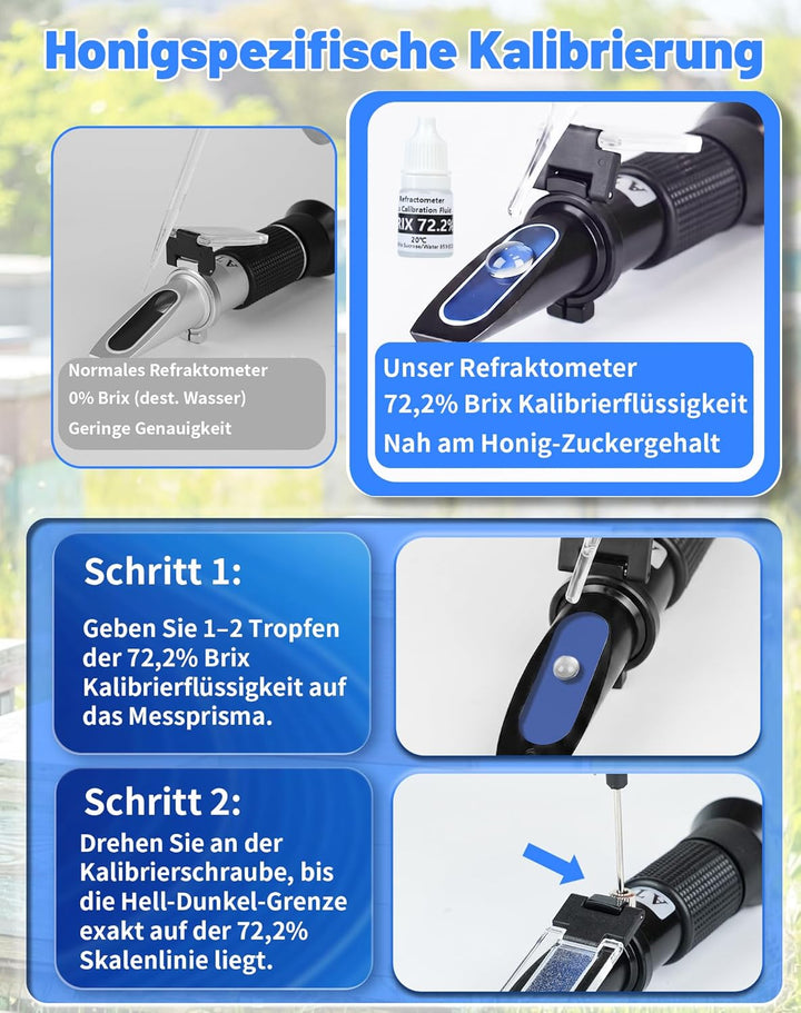 3-in-1 Honig Refraktometer mit ATC Brix 58-92% Wassergehalt 12-27% Baumé 38-43°Bé inkl. 72,2% Kalibr