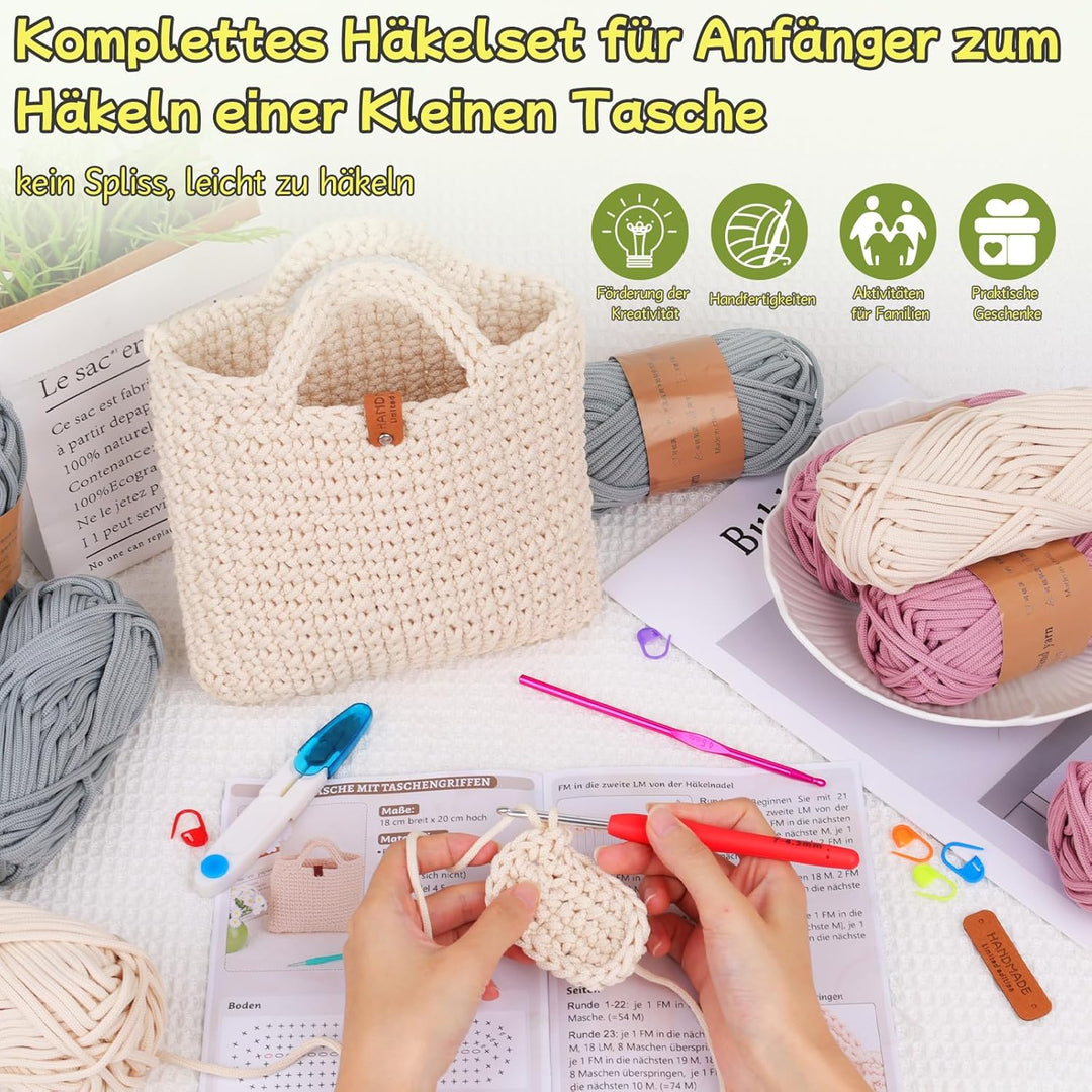 Coopay Häkelset für Anfänger, Häkelset Tasche mit Häkelnadel 4,5mm, Anleitung, 5mm Dicke Wolle zum H