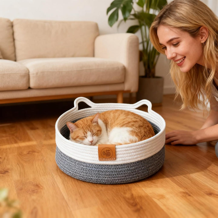 Generisch Rundes Katzenbett,Baumwollseil zubehör Mit Matte,Schlafbett Und Runder Katzenkorb - für In