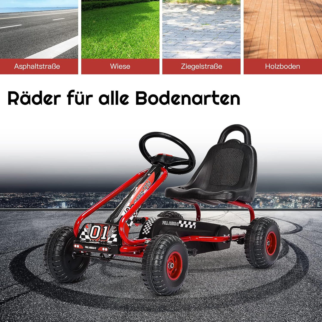 DREAMADE Gokart mit Handbremse & verstellbarem Sitz, Tretauto Tretfahrzeug mit geschlossenem Kettenk