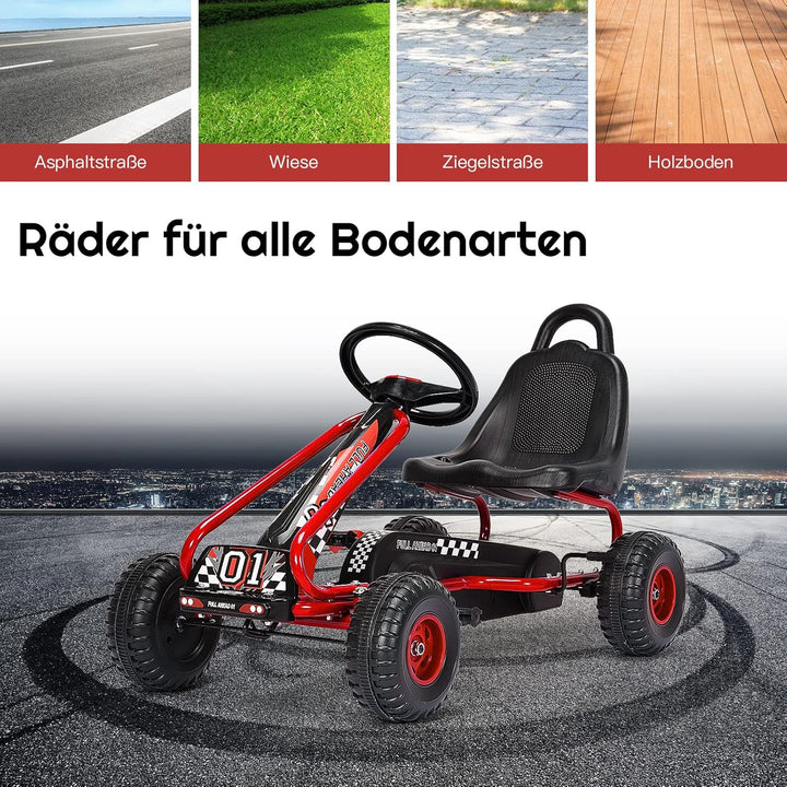 DREAMADE Gokart mit Handbremse & verstellbarem Sitz, Tretauto Tretfahrzeug mit geschlossenem Kettenk