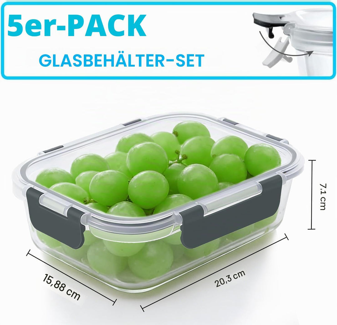 VERONES Glasbehälter für Mahlzeiten, luftdicht, mit Deckel, BPA-frei, geeignet für Mikrowelle, Ofen,