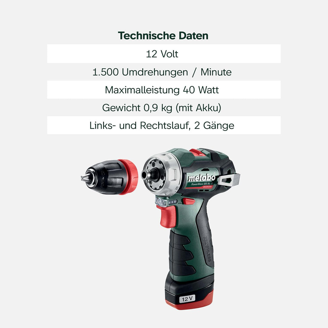 Metabo PowerMaxx BS BL Q Akku-Bohrschrauber 12V (Schrauber mit 2x Akku und Ladegerät in Kunststoffko