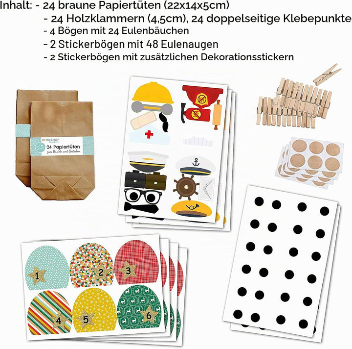 Papierdrachen DIY Adventskalender zum Befüllen - Weihnachtseulen - Eulen Weihnachten - Set Gelb Bunt