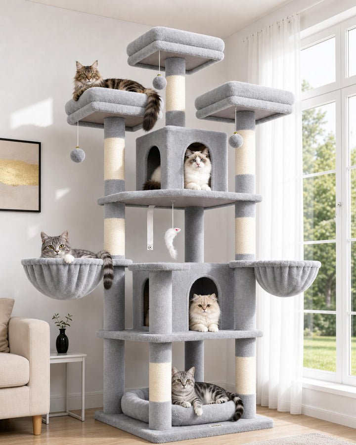 Globlazer Kratzbaum Stabil 174 cm mit 3 Gepolsterte Sitzstangen, 2 Katzenhaus, 2 Korb, Abnehmbares H