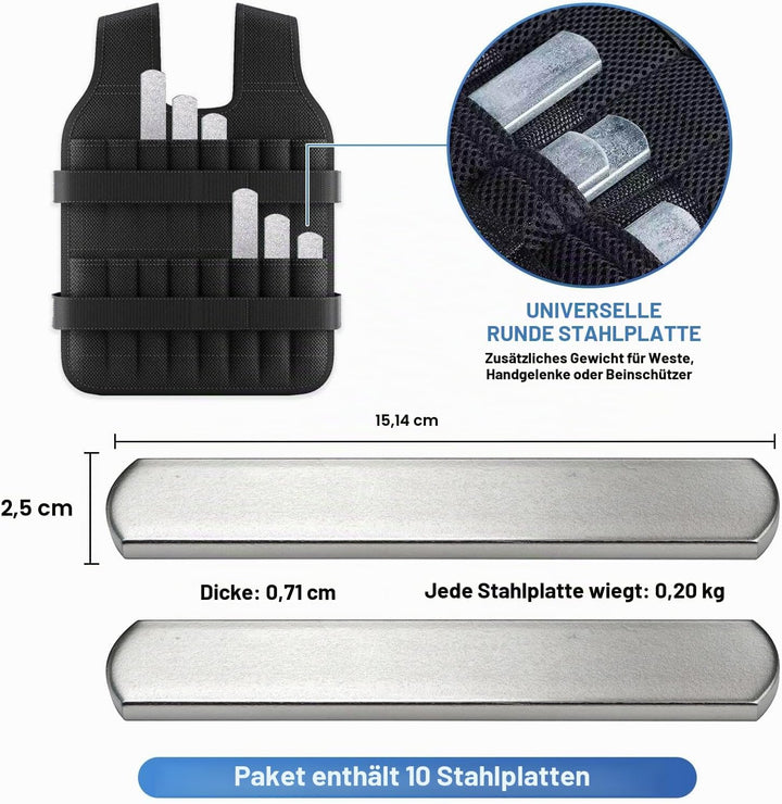 10 Stück Stahlplatten für Gewichtsweste, Krafttraining Gewicht splatten für Gewichtswesten 15CM, 15C