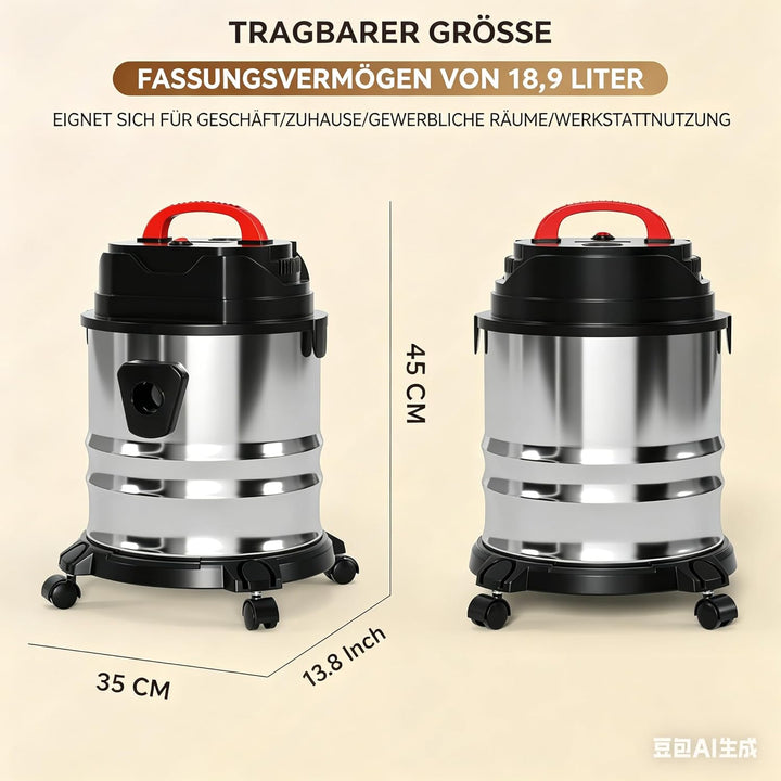 Nass- und Trockensauger 1800W, 18L Edelstahl Behälter, Allzweck Staubsauger für Teppich &amp; Glatte Böd
