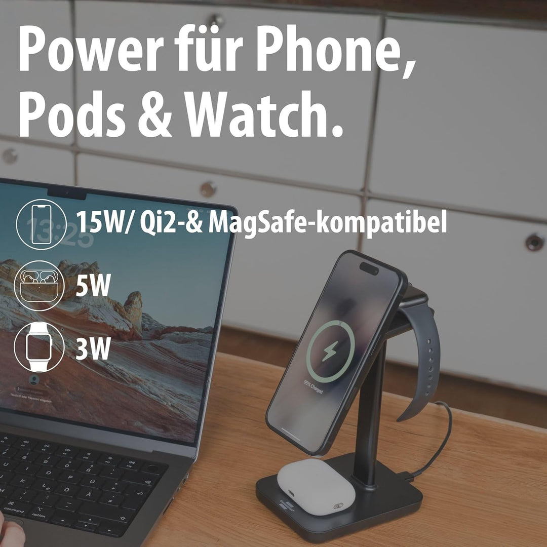 Brennenstuhl 3 in 1 Ladestation (magnetisches Ladepad 15W für Smartphones mit Qi2, Qi2-kompatibel, k
