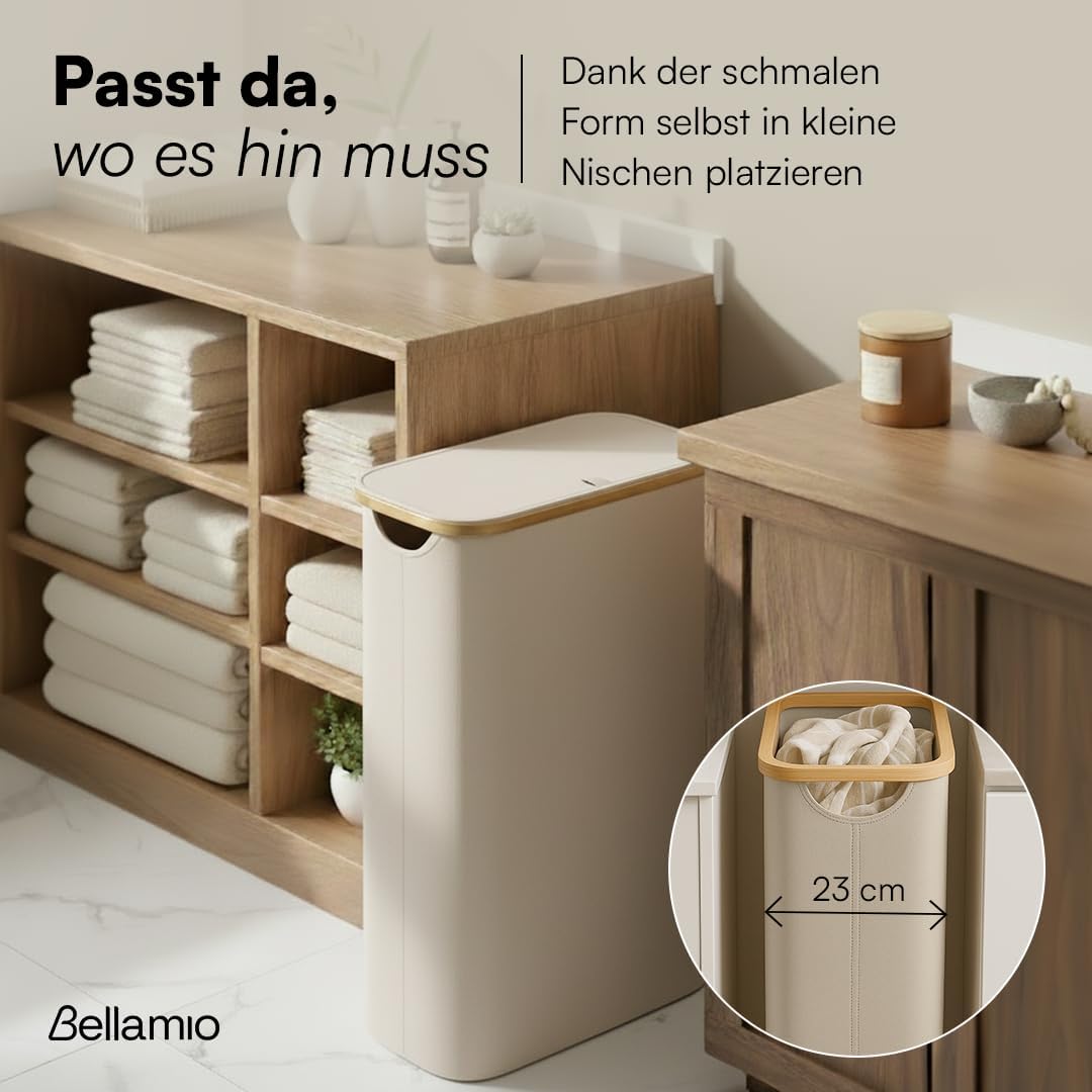 Bellamio Tolt Wäschekorb, Beige, schmaler Wäschesammler 65 L mit Deckel | Wäschesammelbox aus Oxford