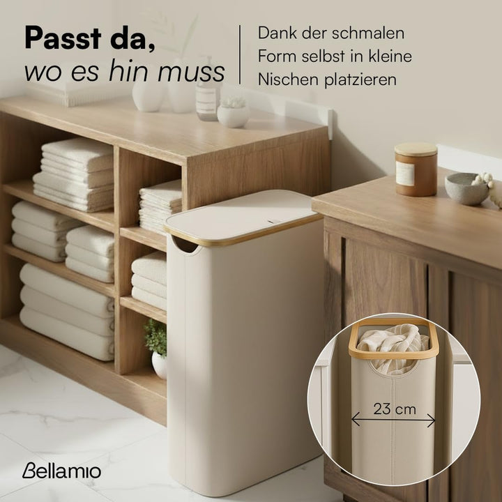 Bellamio Tolt Wäschekorb, Beige, schmaler Wäschesammler 65 L mit Deckel | Wäschesammelbox aus Oxford