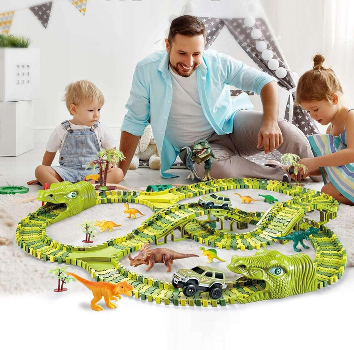 CELMAN Dinosaurier Spielzeug - Flexibles Rennbahn mit viele Teilen und Geländewagen, Autorennbahn Sp