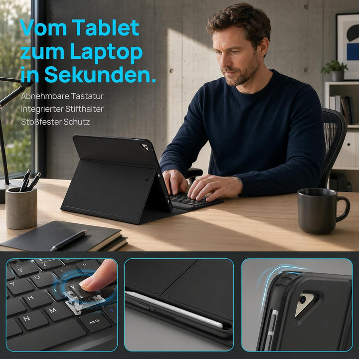 iPad 9 Generation Hülle mit Tastatur, Passend für die 8/7, Schwarz | QWERTZ, Beleuchtete, Magnetisch