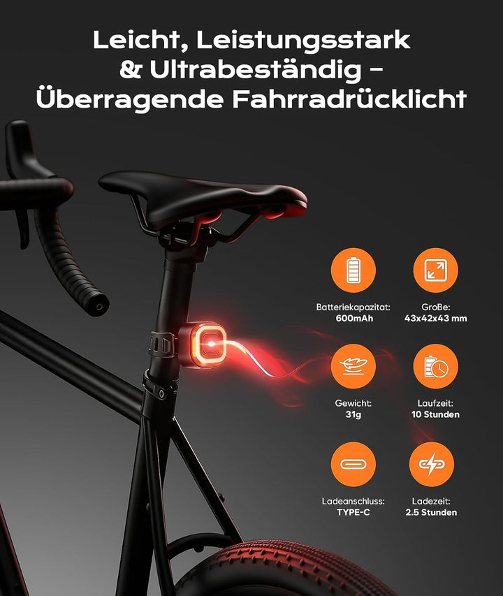 Fahrradlicht Set, LED Fahrradbeleuchtung Set mit Smart Bremslichtfunktion Rücklicht, StVZO-zugelasse