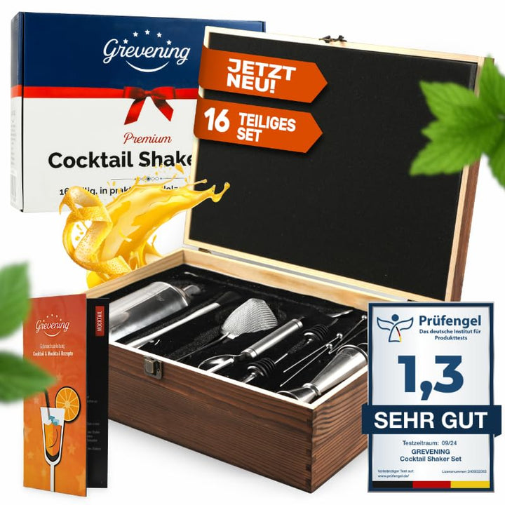 Grevening® Cocktail Shaker Set 16-teilig in praktischer und edler Holzkiste, tolle Geschenkverpackun