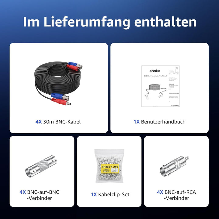 ANNKE BNC Kabel Videokabel CCTV DVR 4 x 30M DC Power für Überwachungskamera Videoüberwachung Überwac