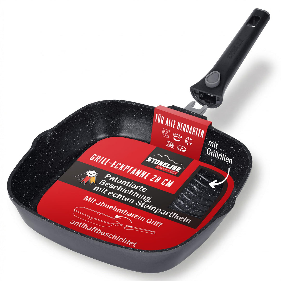 STONELINE SMART Grillpfanne 28 cm, Grosse Steak Pfanne Aluguss, Abnehmbarem Griff, Pfanne Induktion,