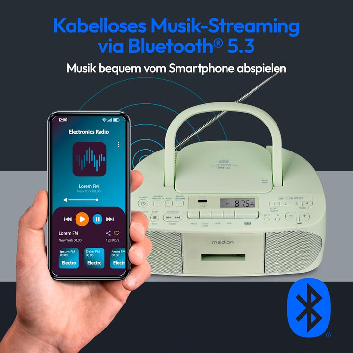 MEDION E65010 Stereoradio (CD-Player, Kassette, USB Anschluss, AUX Audioeingang, MP3-Widergabe. UKW